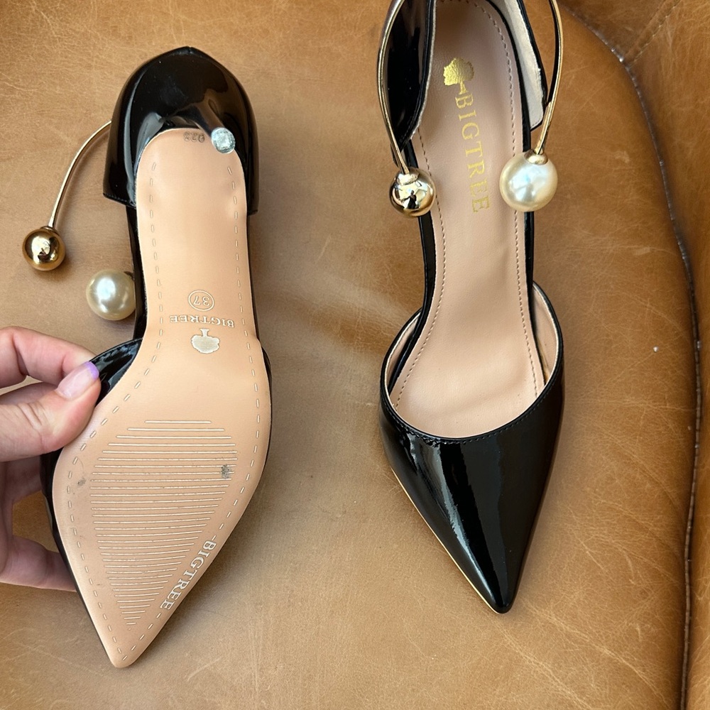 Black Patent Pointed Toe Stiletto Pumps with Pearl Ankle Detail - Picture 5 of 6